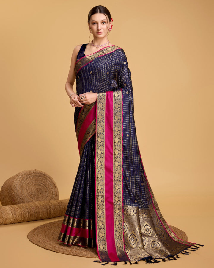 Navy blue color cotton silk saree with zari weaving work [SKU:S102502]