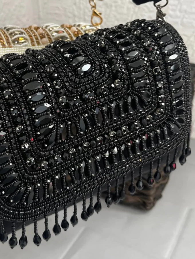 Black Stone and Crystal Flap Bag [C102623]