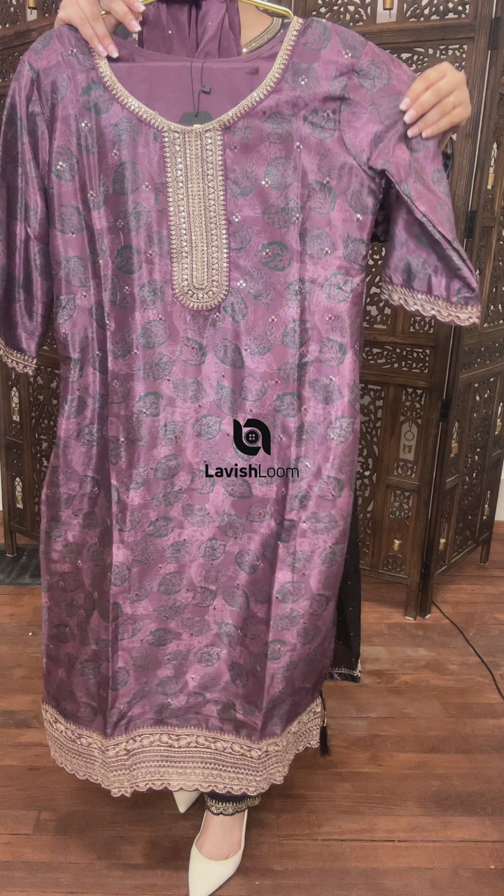 Plum Chinon Digital Printed Salwar Suit [SKU D100133]