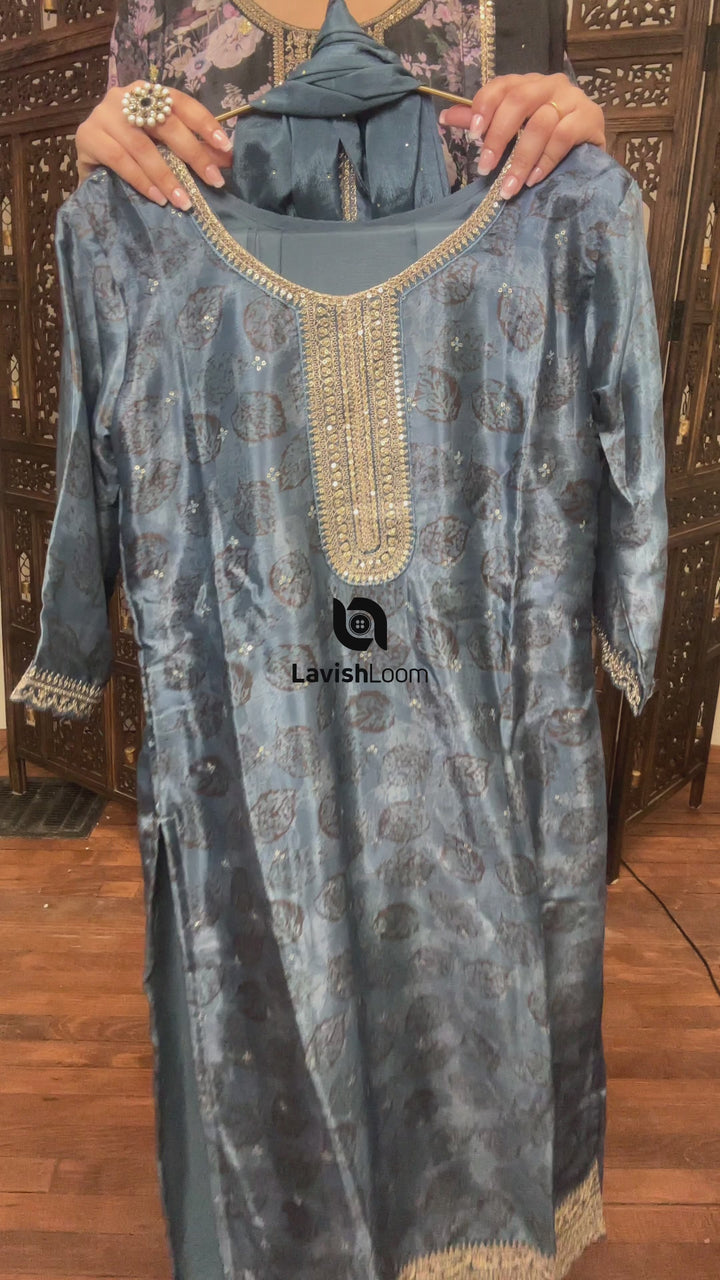 Dusty Blue  Chinon Digital Printed Salwar Suit [sku D100333]