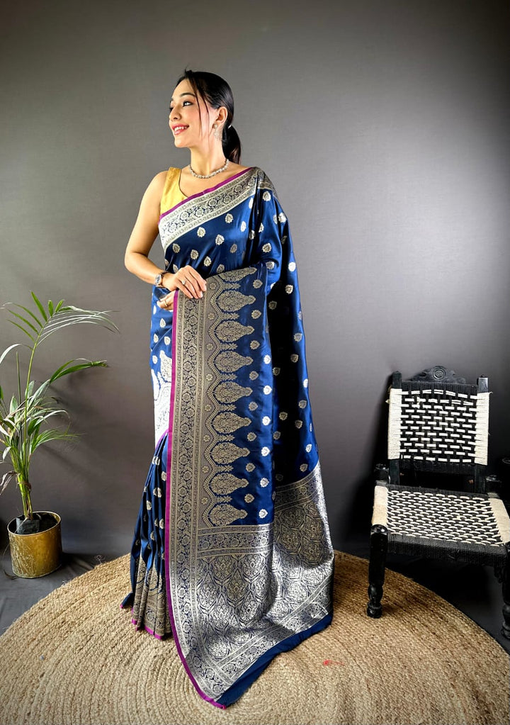Navu blue banarasi lichi silk saree with zari weaving work [SKU:S100802]
