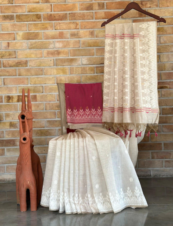 Cream soft muga cotton saree with jamdani weaving work [ SKU: S103052 ]